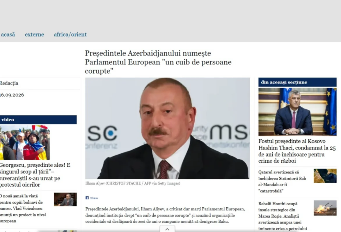 Rumıniya nəşri Prezident İlham Əliyevin Avropa Parlamenti barədə fikirlərini dərc edib