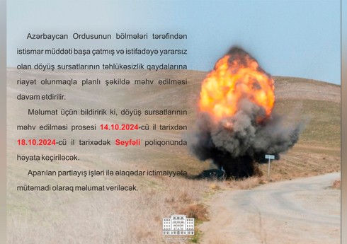 İstifadəyə yararsız döyüş sursatları məhv ediləcək